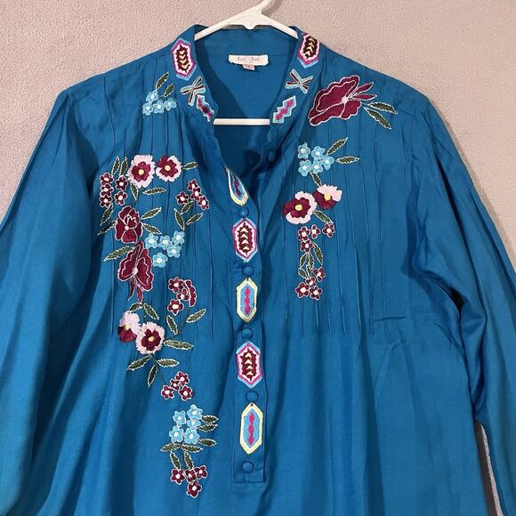 Luv Embroidered Peasant Tunic Shirt Turquoise Blue Women Sz L Boho Aztec - Picture 2 of 10
